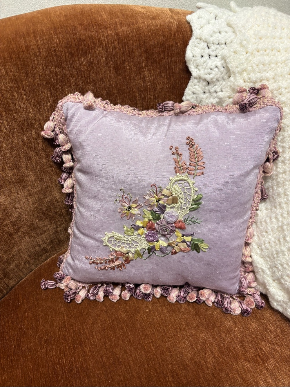 Lavender Embroidered Decorative Throw Pillow with Tassel Trim -Vintage